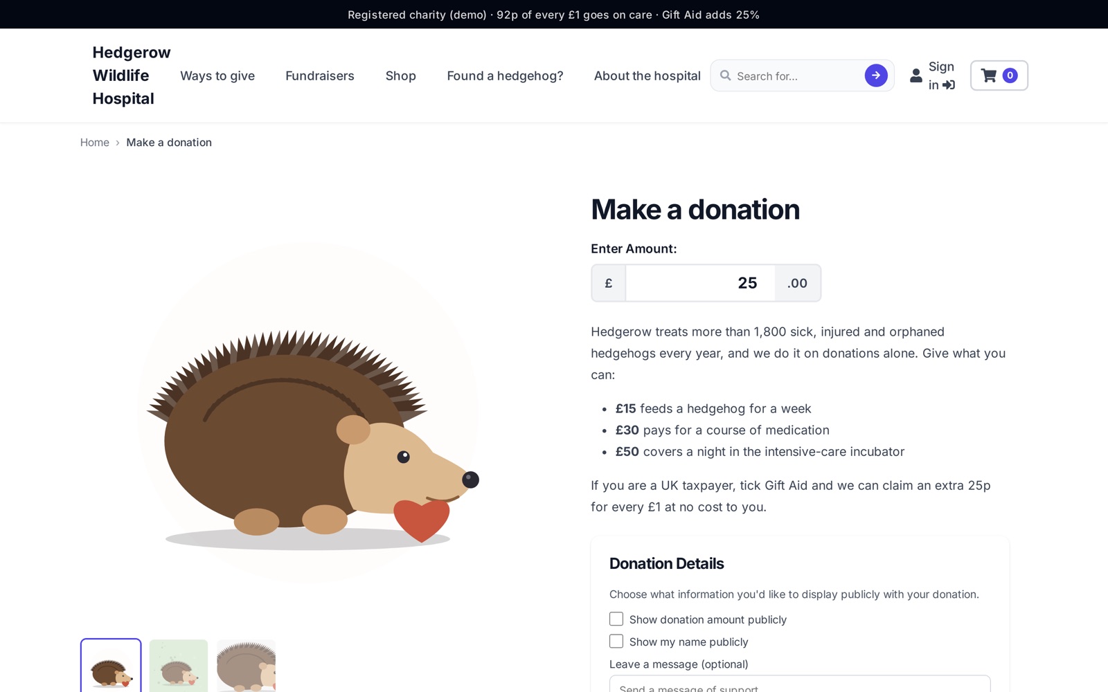 Hedgerow demo donation page with Gift Aid