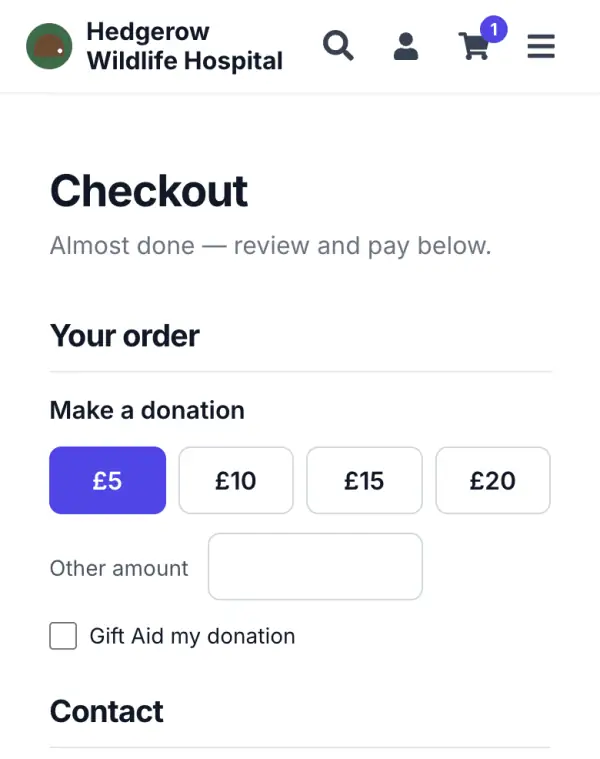 Hedgerow demo checkout on a phone, opened from a £5 donation link