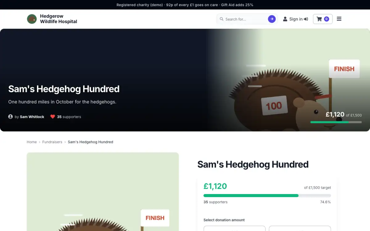 Hedgerow demo fundraiser page: Sam's Hedgehog Hundred, £1,120 raised of £1,500