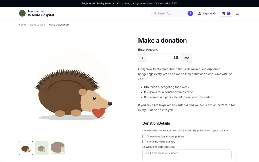 Hedgerow demo donation page with Gift Aid