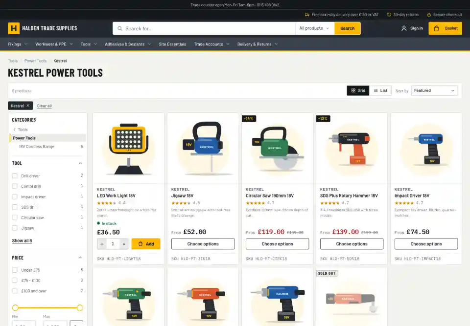 Halden demo: category links and filters on a power tools page