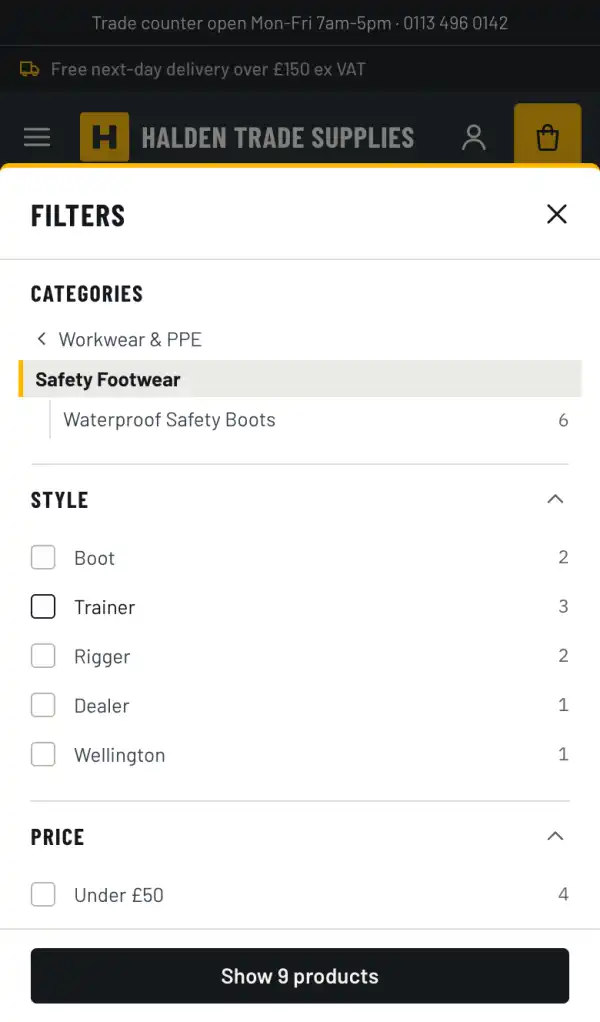 Halden demo on a phone: the filter panel with a Show 9 products button