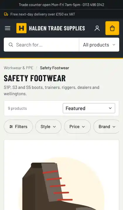 Halden demo on a phone: quick-filter bar above safety footwear
