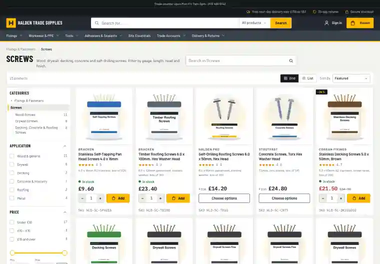 Halden demo: the Screws category with its own search box