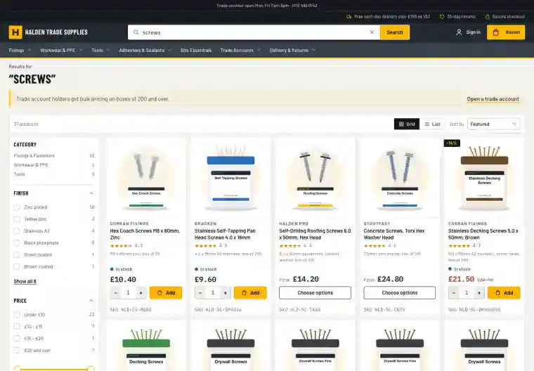 Halden demo: results for "screws" with a trade pricing message above them